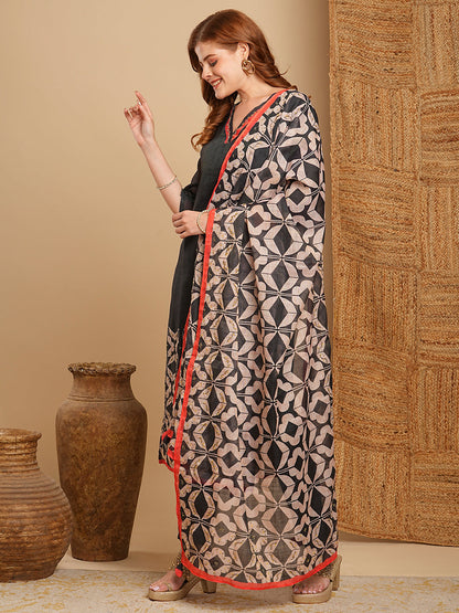 Geometric Floral Printed & Embroidered Straight Fit Kurta with Pant and Dupatta - Black