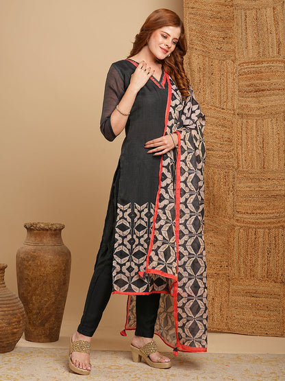 Geometric Floral Printed & Embroidered Straight Fit Kurta with Pant and Dupatta - Black