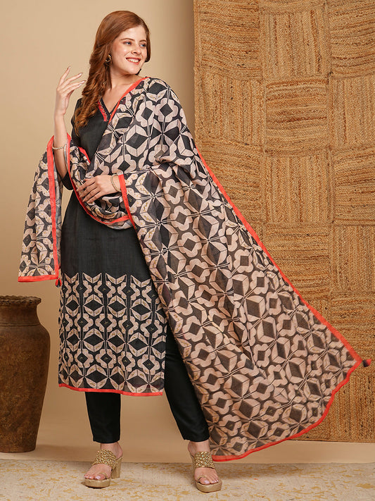 Geometric Floral Printed & Embroidered Straight Fit Kurta with Pant and Dupatta - Black