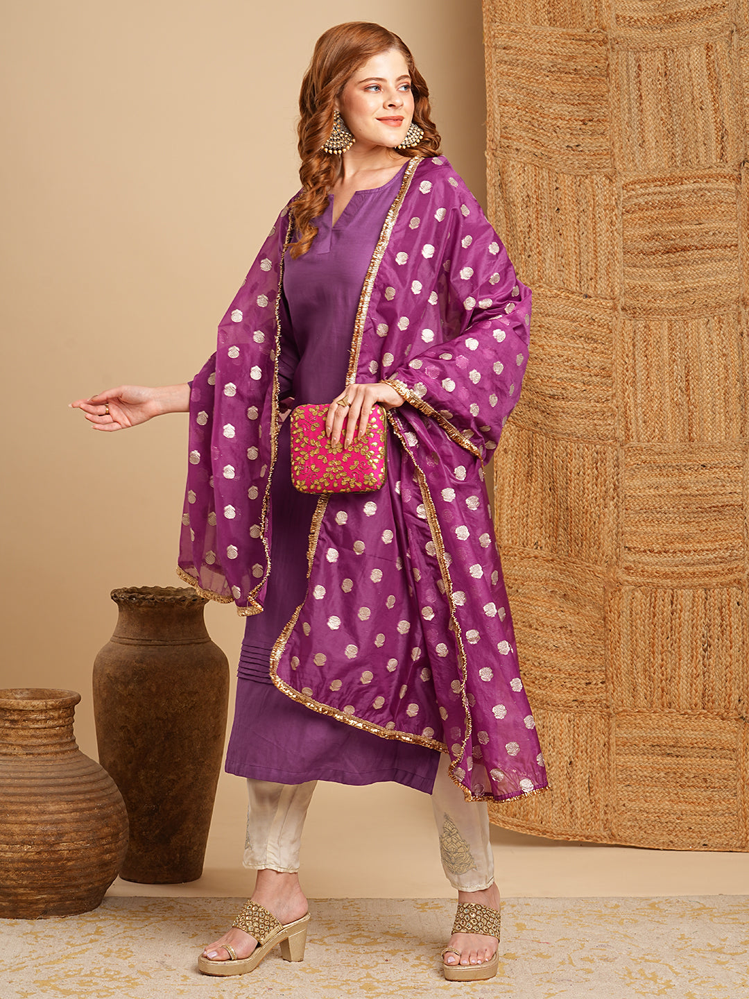 Solid Pin Tucked A-Line Kurta with Pant and Jacquard Organza Dupatta - Purple