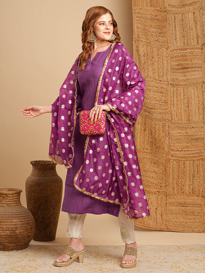 Solid Pin Tucked A-Line Kurta with Pant and Jacquard Organza Dupatta - Purple