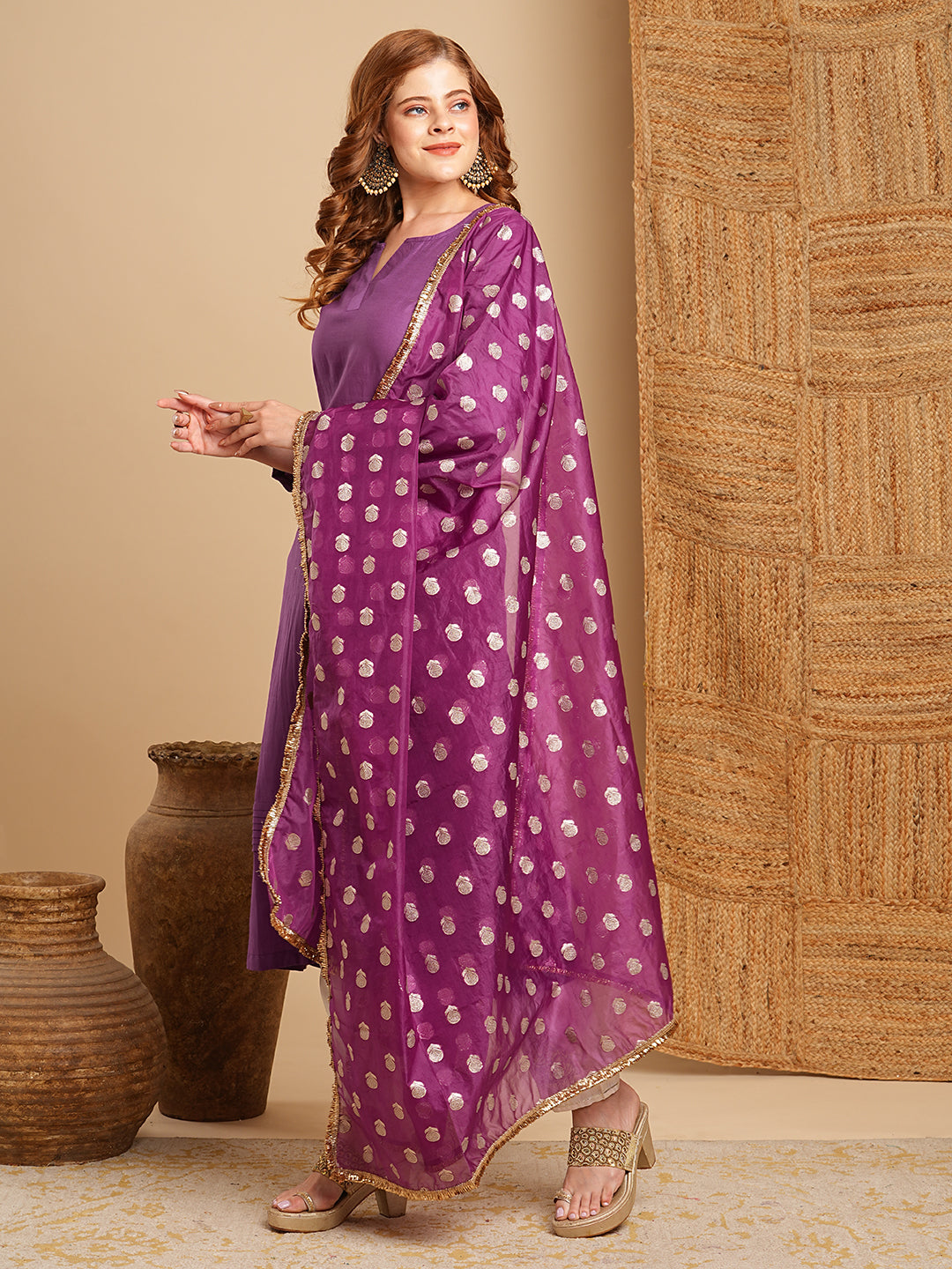 Solid Pin Tucked A-Line Kurta with Pant and Jacquard Organza Dupatta - Purple