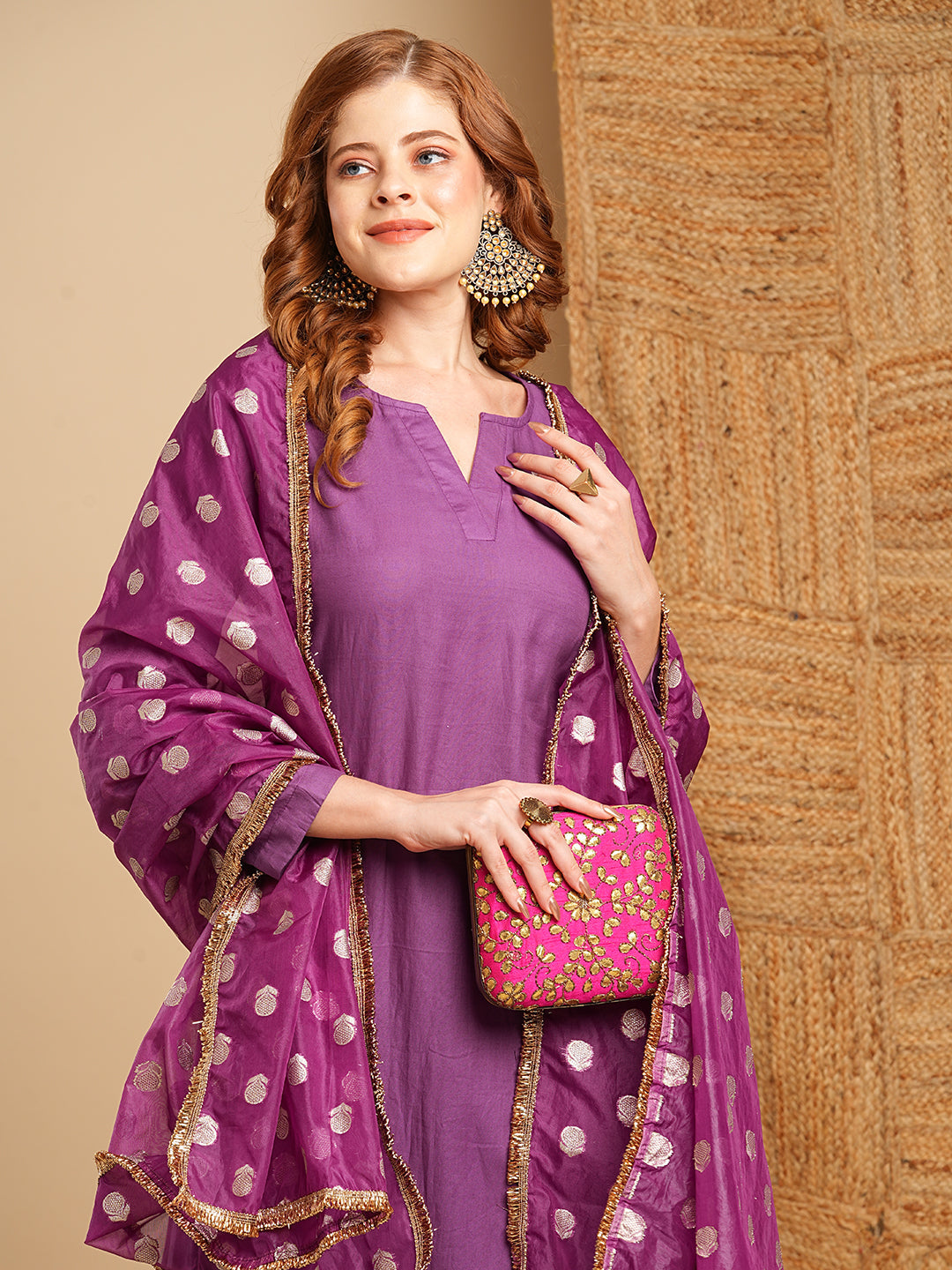 Solid Pin Tucked A-Line Kurta with Pant and Jacquard Organza Dupatta - Purple