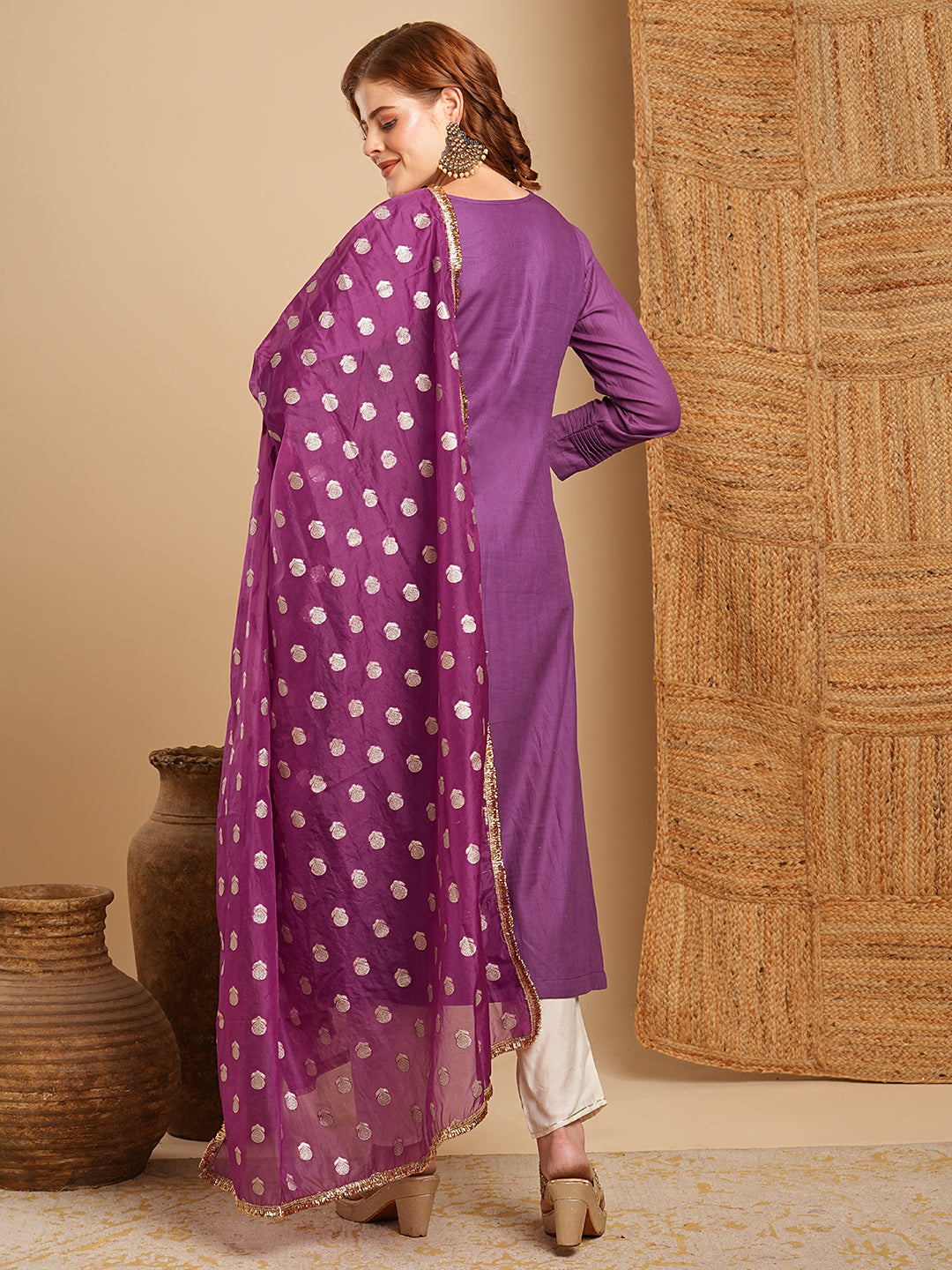 Solid Pin Tucked A-Line Kurta with Pant and Jacquard Organza Dupatta - Purple