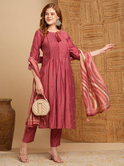 Solid Pin Tucked Schiffli Embroidered A-Line Kurta with Pant and Dupatta - Rose Gold