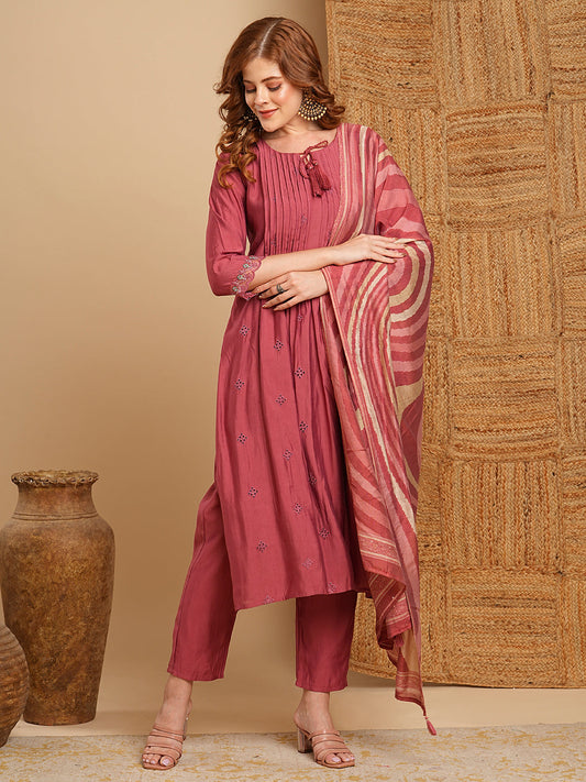 Solid Pin Tucked Schiffli Embroidered A-Line Kurta with Pant and Dupatta - Rose Gold