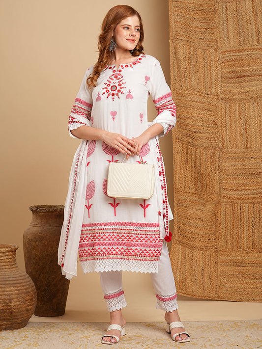 Solid Ethnic Woven & Mirror Embroidered Straight Kurta with Pant & Dupatta - White