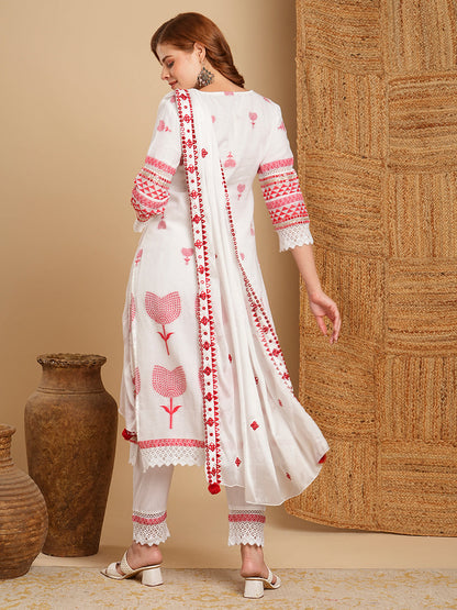 Solid Ethnic Woven & Mirror Embroidered Straight Kurta with Pant & Dupatta - White