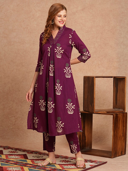 Ethnic Floral Printed & Embroidered A-Line Fit Co-ord Set- Purple