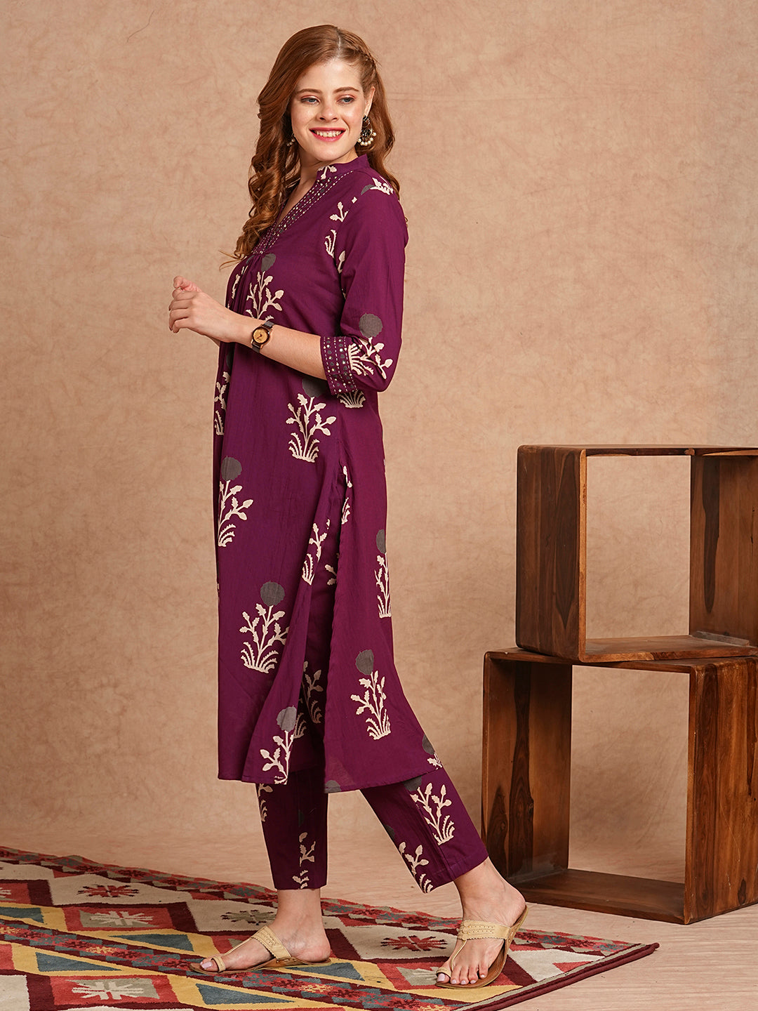 Ethnic Floral Printed & Embroidered A-Line Fit Co-ord Set- Purple