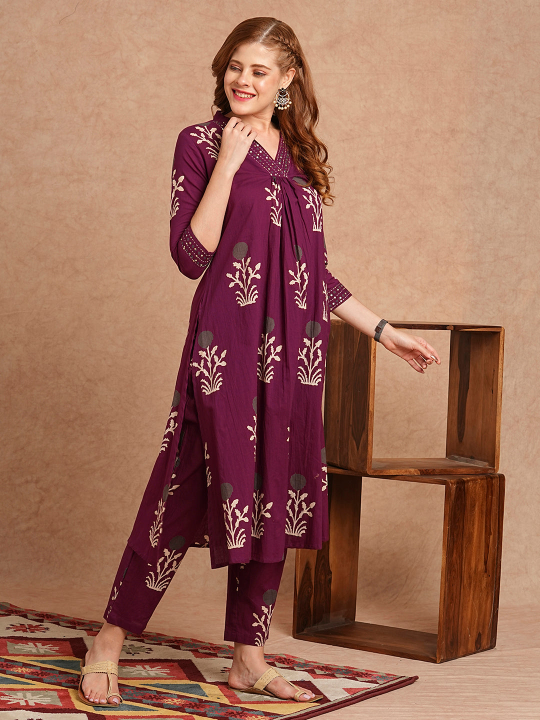 Ethnic Floral Printed & Embroidered A-Line Fit Co-ord Set- Purple