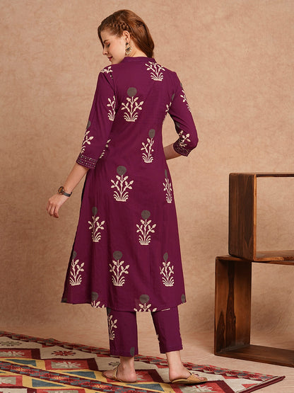 Ethnic Floral Printed & Embroidered A-Line Fit Co-ord Set- Purple