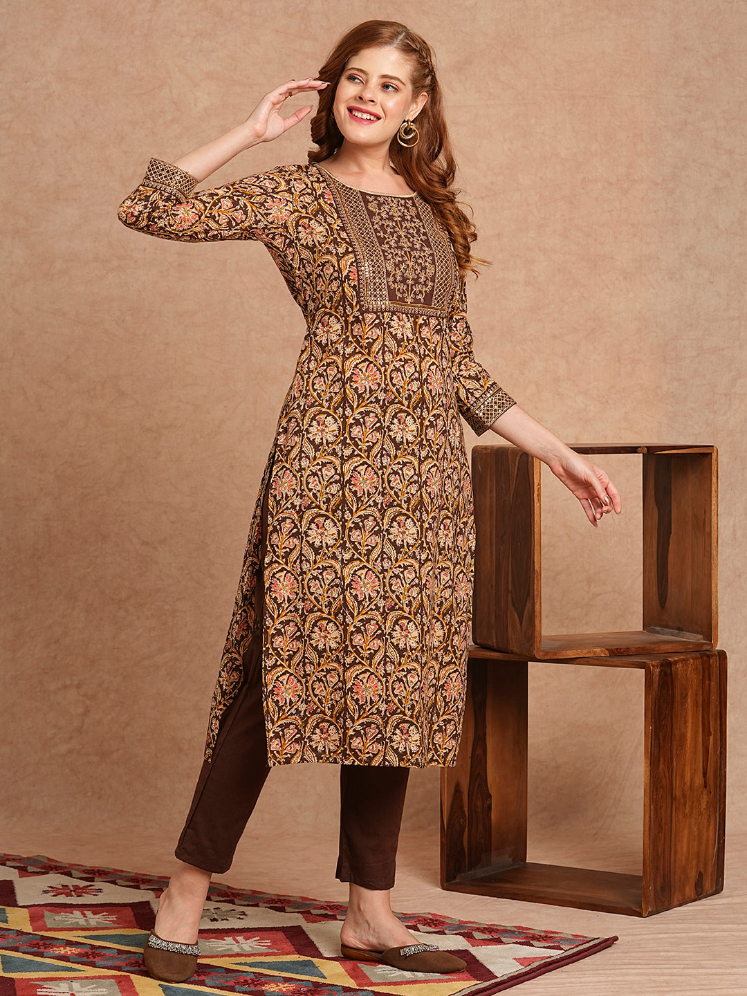 Ethnic Printed & Embroidered Straight Fit Kurta with Pant - Brown