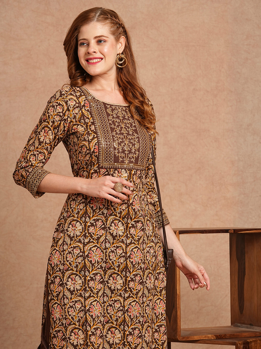 Ethnic Printed & Embroidered Straight Fit Kurta with Pant - Brown