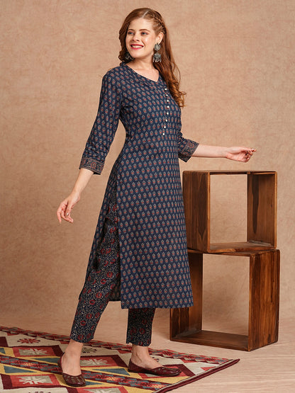 Ethnic Printed Straight Fit Kurta with Pant - Blue