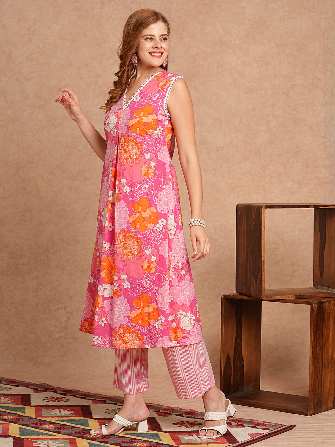 Floral Printed Mirror & Zari Embroidered Kurta with Pants & Dupatta - Multi