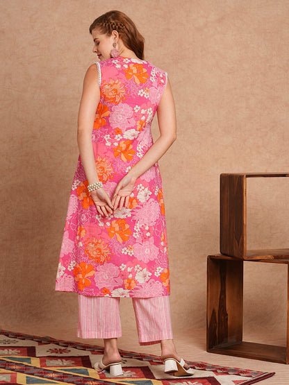 Floral Printed Mirror & Zari Embroidered Kurta with Pants & Dupatta - Multi