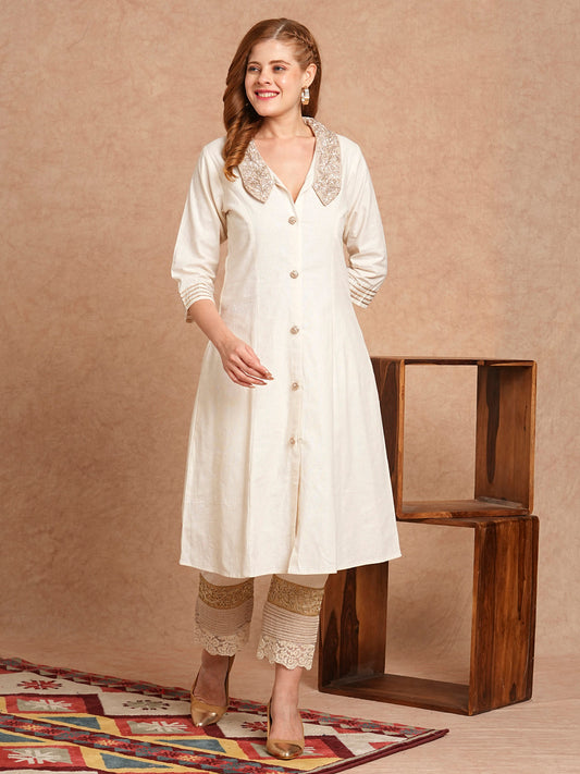 Solid Floral Dori Hand Embroidered A-Line Paneled Kurta with Pant - Off White