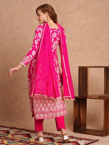 Floral Printed Schiffli Embroidered Straight Fit Kurta with Pant & Dupatta - Fuchsia