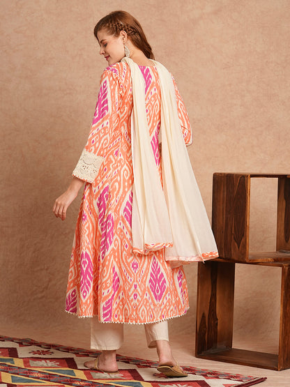 Ethnic Ikat Printed & Embroidered Anarkali Kurta with Pant and Dupatta - Peach