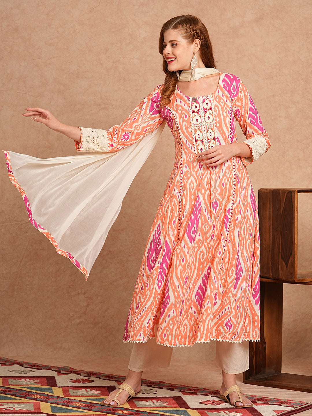 Ethnic Ikat Printed & Embroidered Anarkali Kurta with Pant and Dupatta - Peach