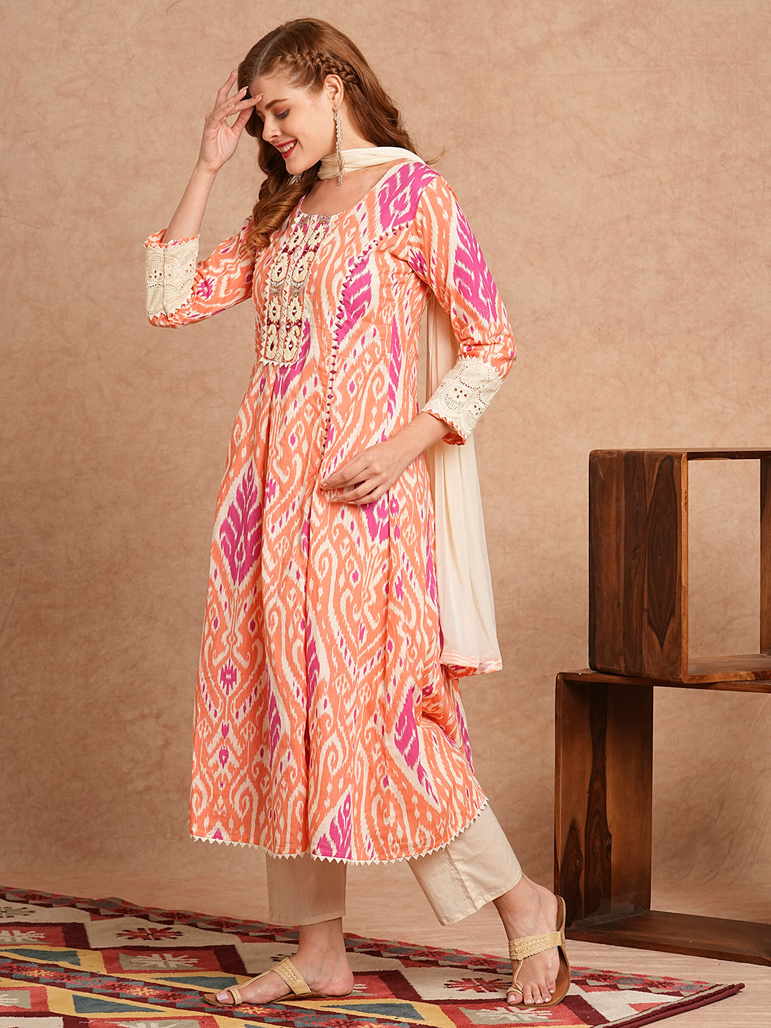 Ethnic Ikat Printed & Embroidered Anarkali Kurta with Pant and Dupatta - Peach