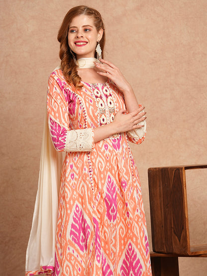 Ethnic Ikat Printed & Embroidered Anarkali Kurta with Pant and Dupatta - Peach