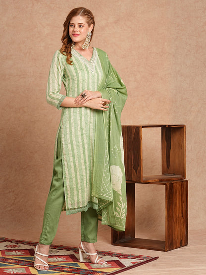 Stripes Printed & Embroidered Kurta with Pant & Pure Cotton Dupatta - Green