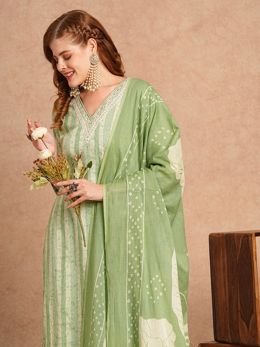 Stripes Printed & Embroidered Kurta with Pant & Pure Cotton Dupatta - Green