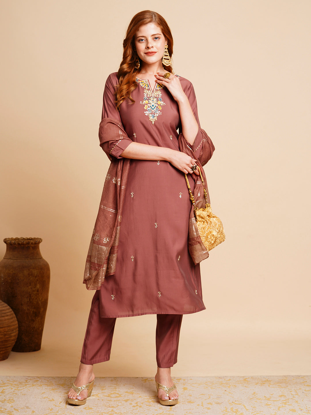 Solid Floral Hand Embroidered Straight Kurta with Pant & Dupatta - Rose Gold