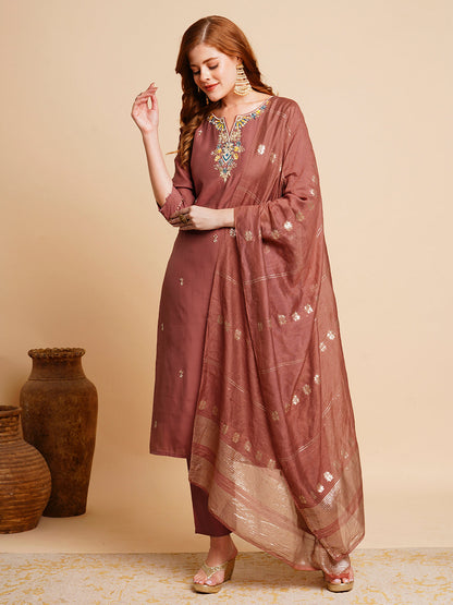 Solid Floral Hand Embroidered Straight Kurta with Pant & Dupatta - Rose Gold