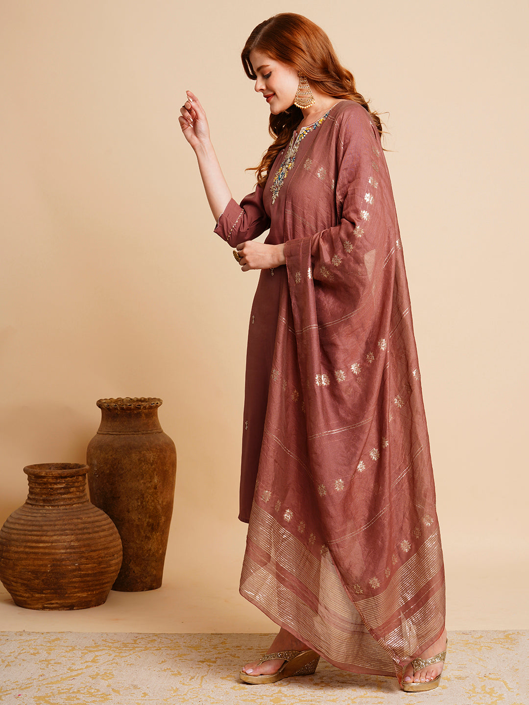 Solid Floral Hand Embroidered Straight Kurta with Pant & Dupatta - Rose Gold