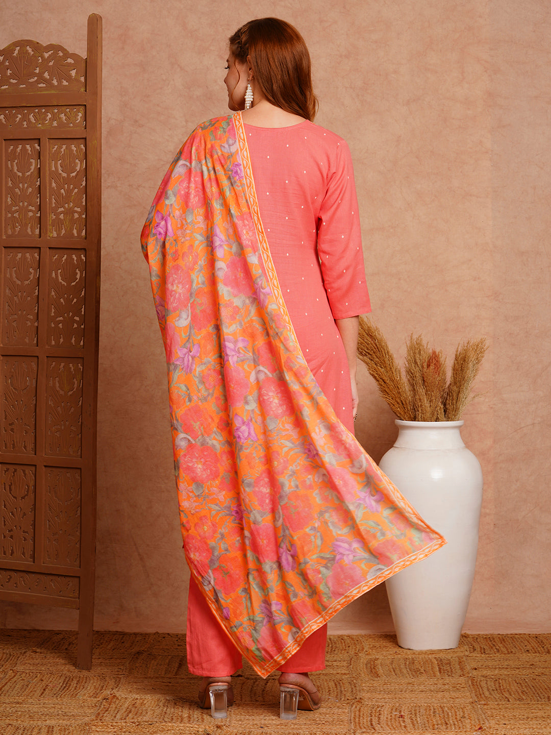 Floral Printed Straight Fit Kurta with Pant & Pure Cotton Dupatta - Peach