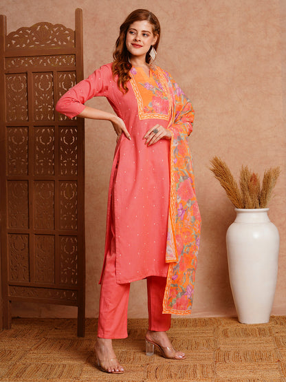 Floral Printed Straight Fit Kurta with Pant & Pure Cotton Dupatta - Peach