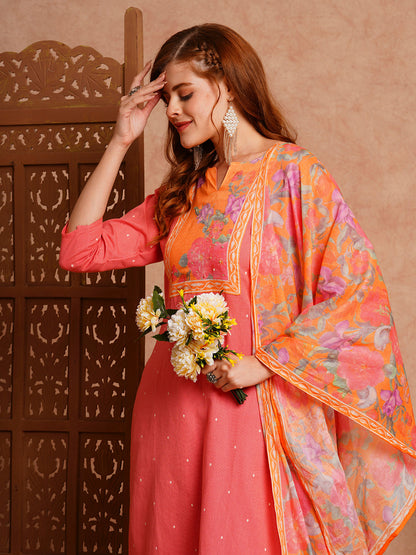 Floral Printed Straight Fit Kurta with Pant & Pure Cotton Dupatta - Peach