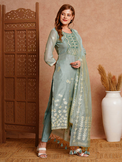 Floral Woven & Embroidered Straight Fit Kurta with Pant & Dupatta - Green