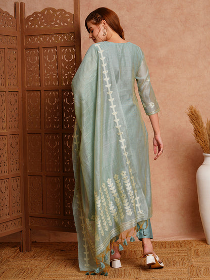 Floral Woven & Embroidered Straight Fit Kurta with Pant & Dupatta - Green