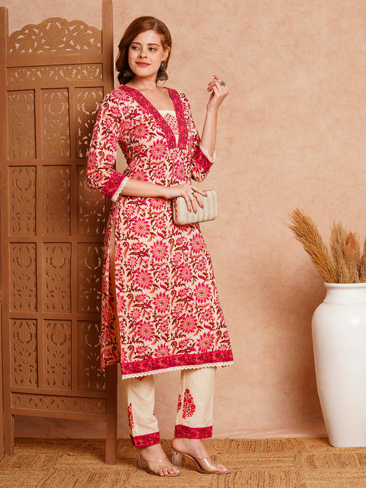 Floral Printed & Embroidered Straight Fit Kurta with Pant - Cream