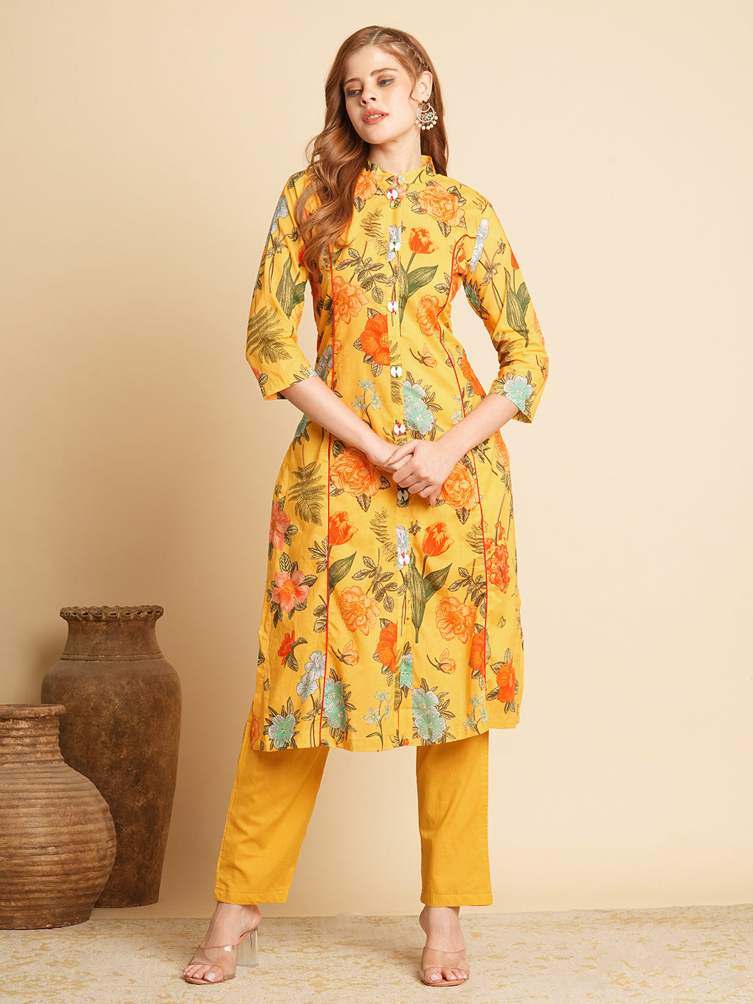 Floral Printed A-Line Paneled Kurta with Pant - Yellow