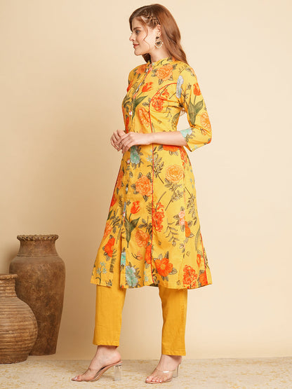 Floral Printed A-Line Paneled Kurta with Pant - Yellow