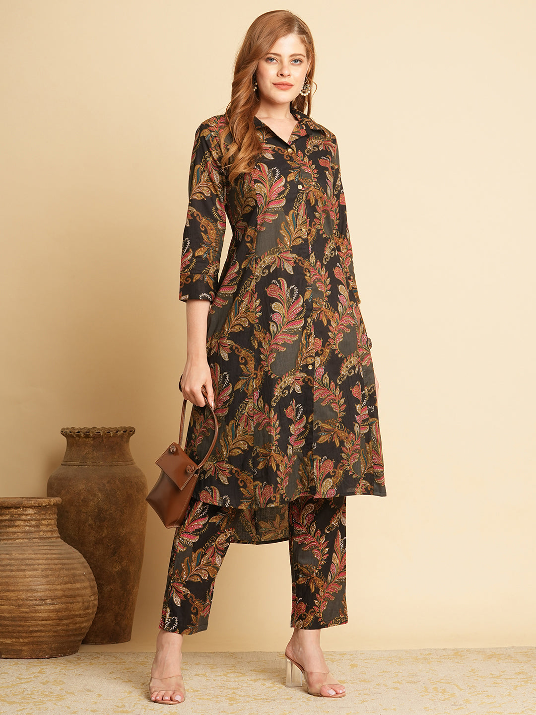 Ethnic Floral Printed A-Line Pleated Kurta with Pant and Printed Dupatta - Lime Green