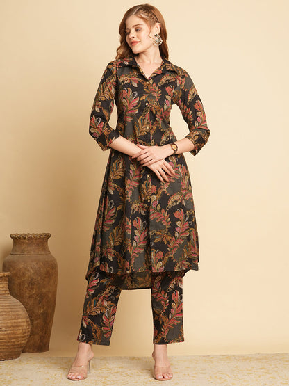 Ethnic Floral Printed A-Line Pleated Kurta with Pant and Printed Dupatta - Lime Green