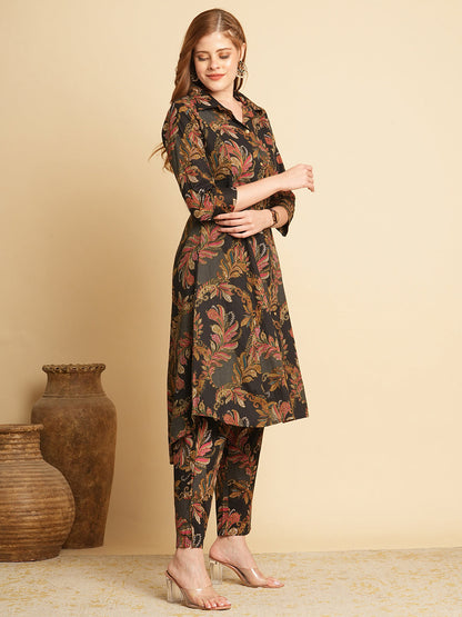 Ethnic Floral Printed A-Line Pleated Kurta with Pant and Printed Dupatta - Lime Green