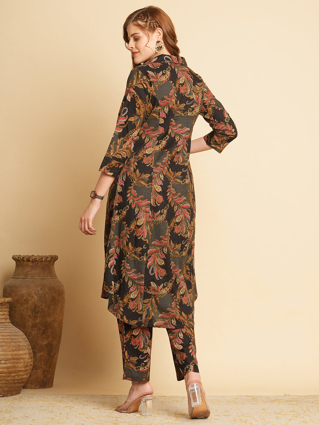 Ethnic Floral Printed A-Line Pleated Kurta with Pant and Printed Dupatta - Lime Green