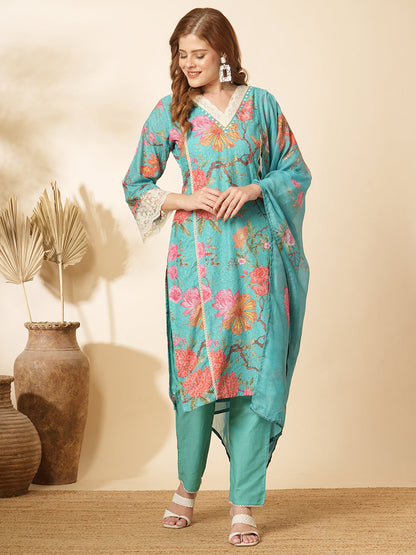 Floral Printed & Schiffli Mirror Embroidered Kurta with Pant & Dupatta - Turquoise Blue