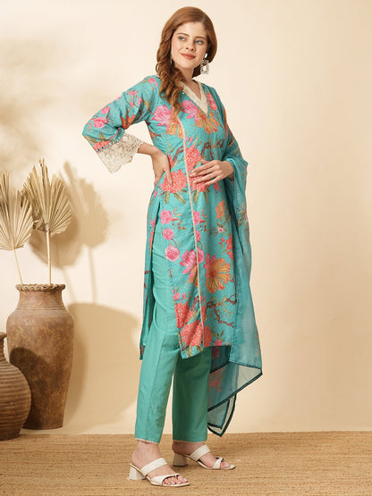 Floral Printed & Schiffli Mirror Embroidered Kurta with Pant & Dupatta - Turquoise Blue