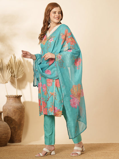 Floral Printed & Schiffli Mirror Embroidered Kurta with Pant & Dupatta - Turquoise Blue