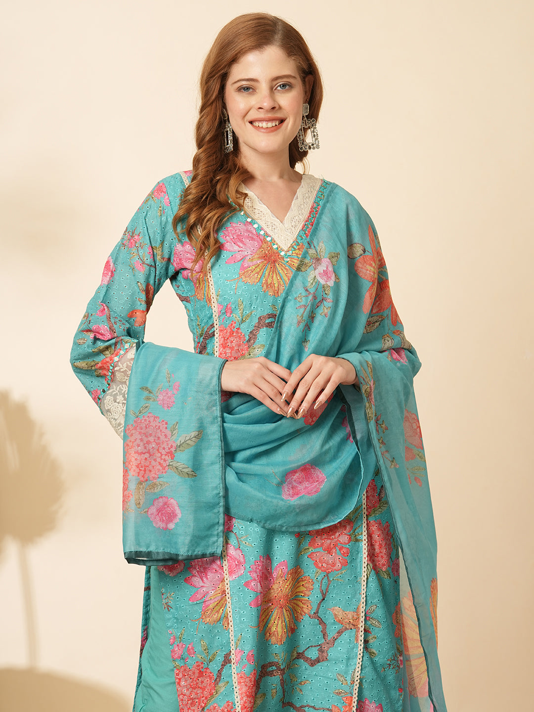 Floral Printed & Schiffli Mirror Embroidered Kurta with Pant & Dupatta - Turquoise Blue