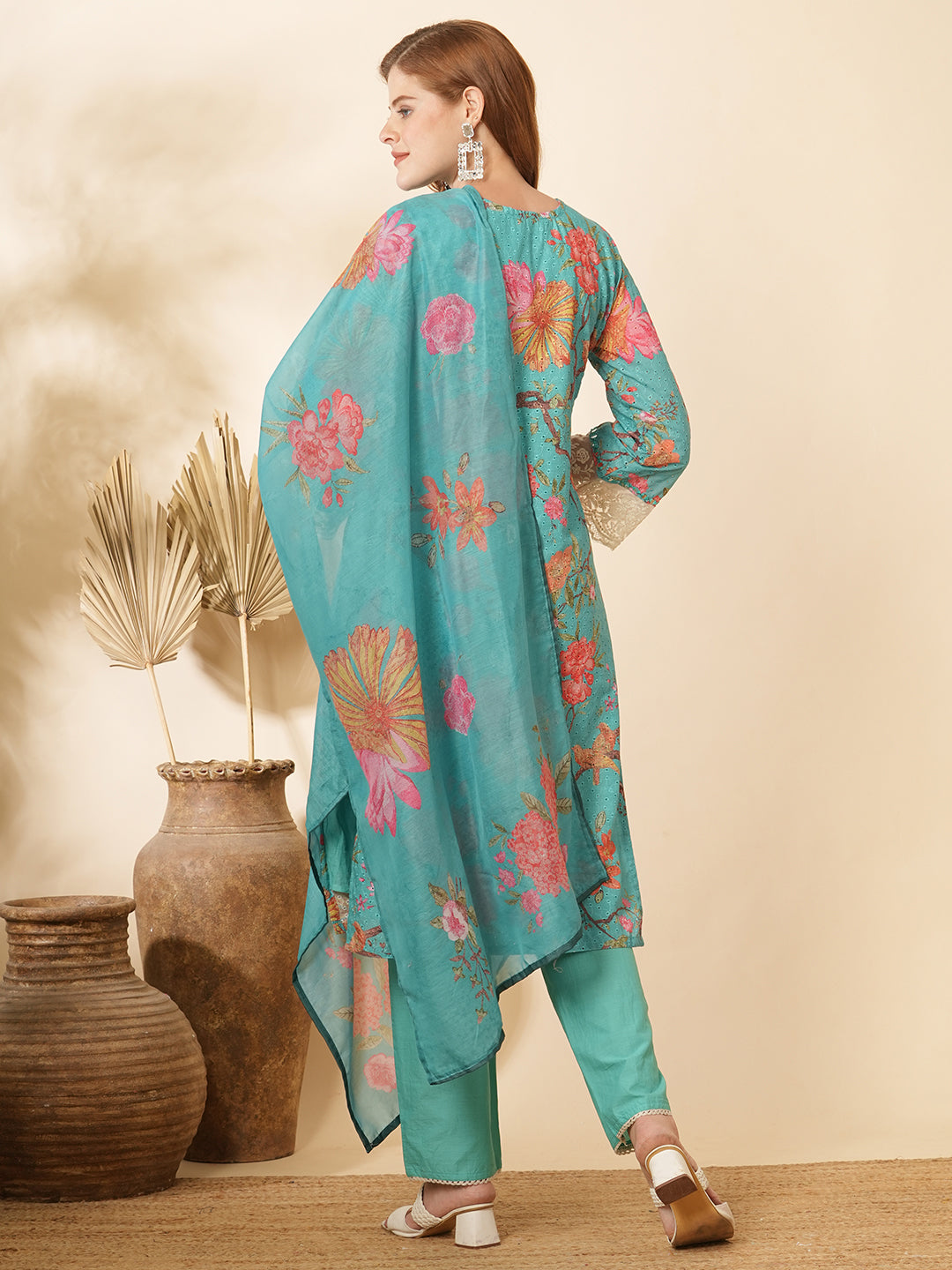 Floral Printed & Schiffli Mirror Embroidered Kurta with Pant & Dupatta - Turquoise Blue