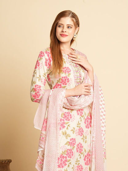 Floral Printed Straight Fit Kurta with Pant & Dupatta - Pink